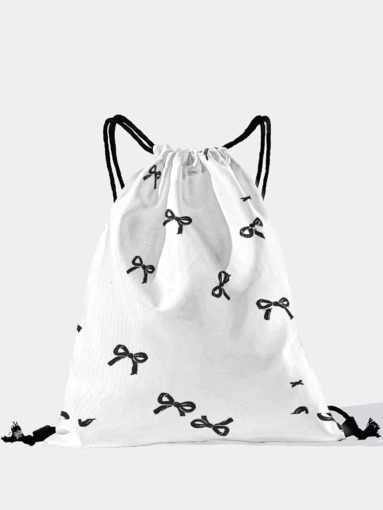 Sac à dos noir à cordon de serrage imprimé nœud papillon, sac de sport léger pour la salle de sport,