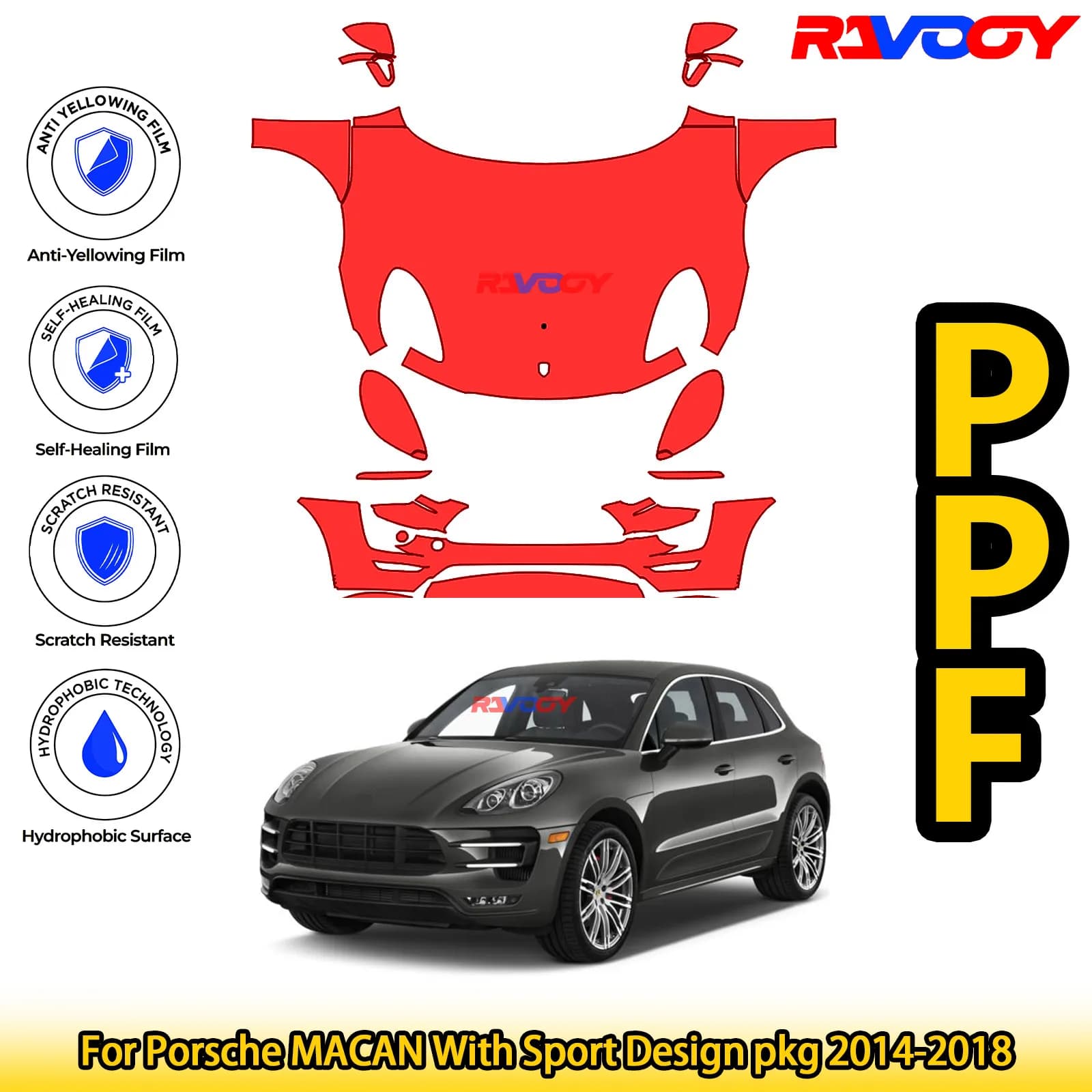 Pour Porsche MACAN avec Sport Design pkg 2014-2018 brillant mat noir prédécoupé avant PPF Kit Film d