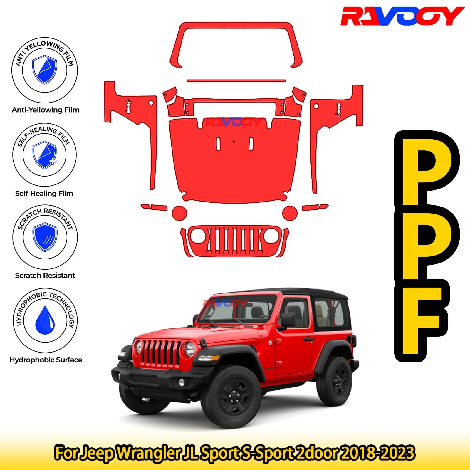Film de Protection de peinture pour Jeep Wrangler JL Sport s-sport 2 portes 2018 – 2023, noir mat br