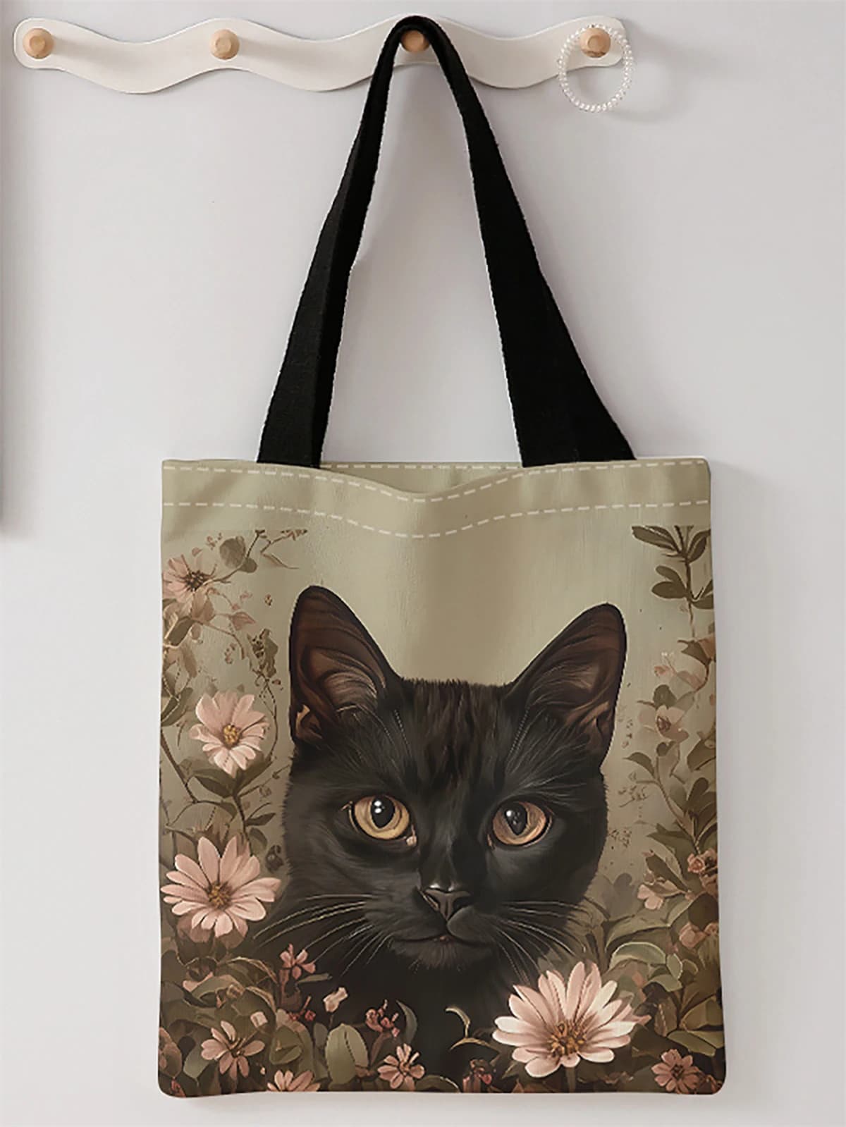 Sac à main décontracté imprimé motif chat noir, sac à dos réutilisable à la mode, sac à main multifo
