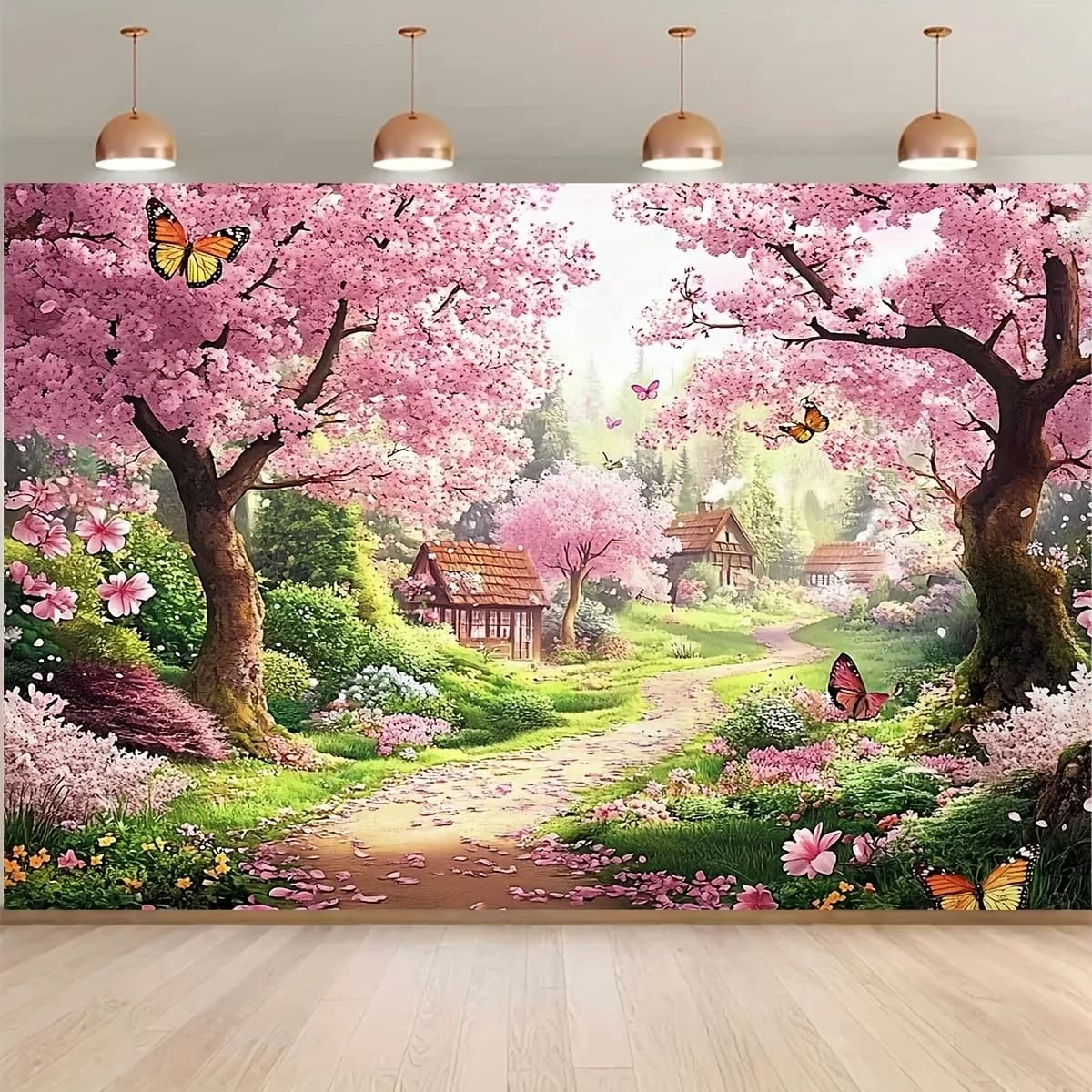1 bannière de fond de photographie-tissu plat 2D de paysage de chemin de fleur de cerisier unique, a