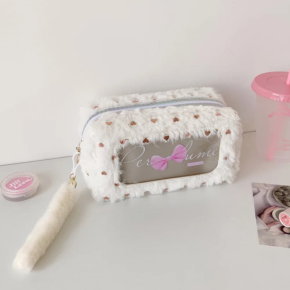 Sac de maquillage en peluche couleur bonbon, sac à cosmétiques Transparent, trousse à crayons avec n