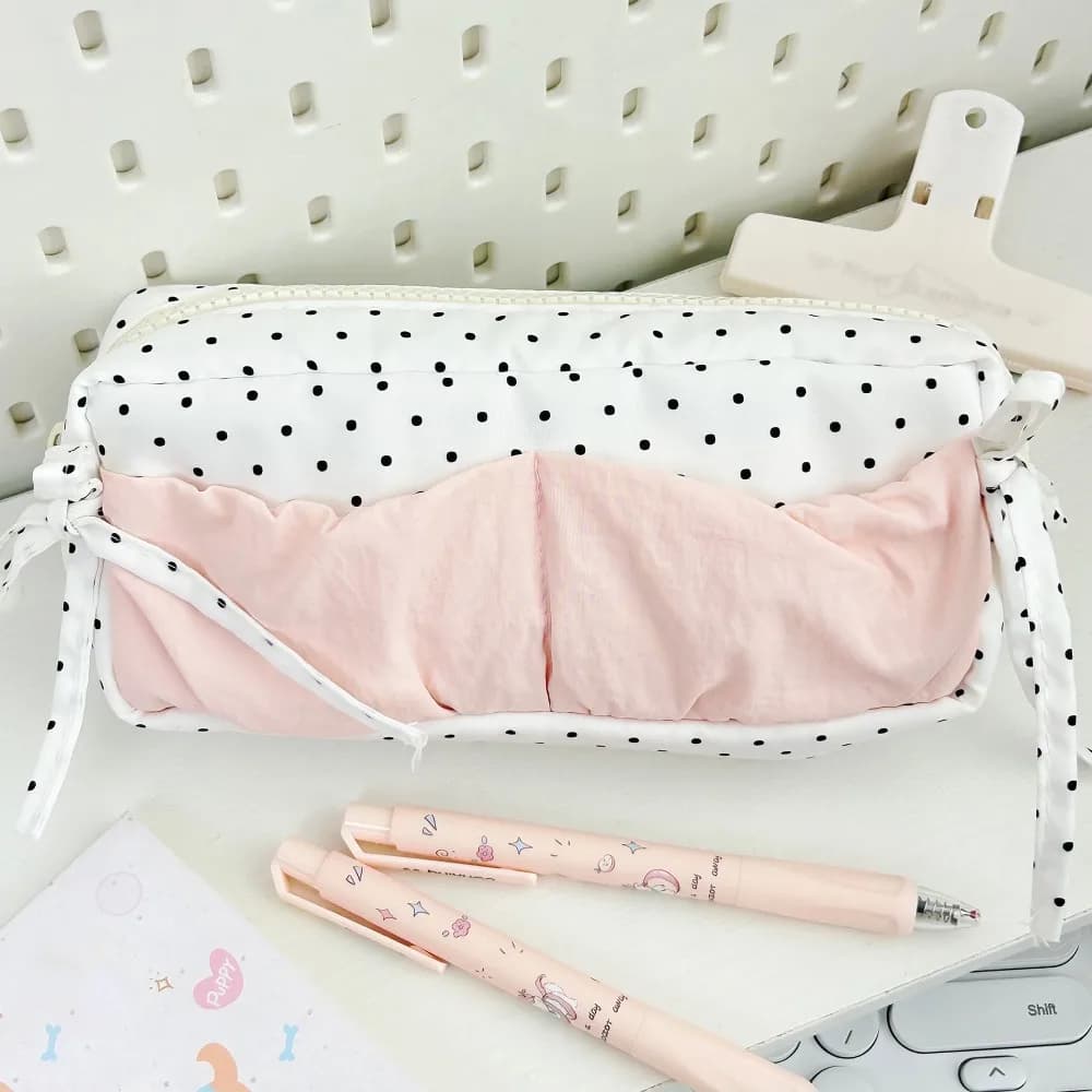 Sac à stylos à motif de pois Simple, grande capacité, trousse à crayons avec nœud papillon, sac de p