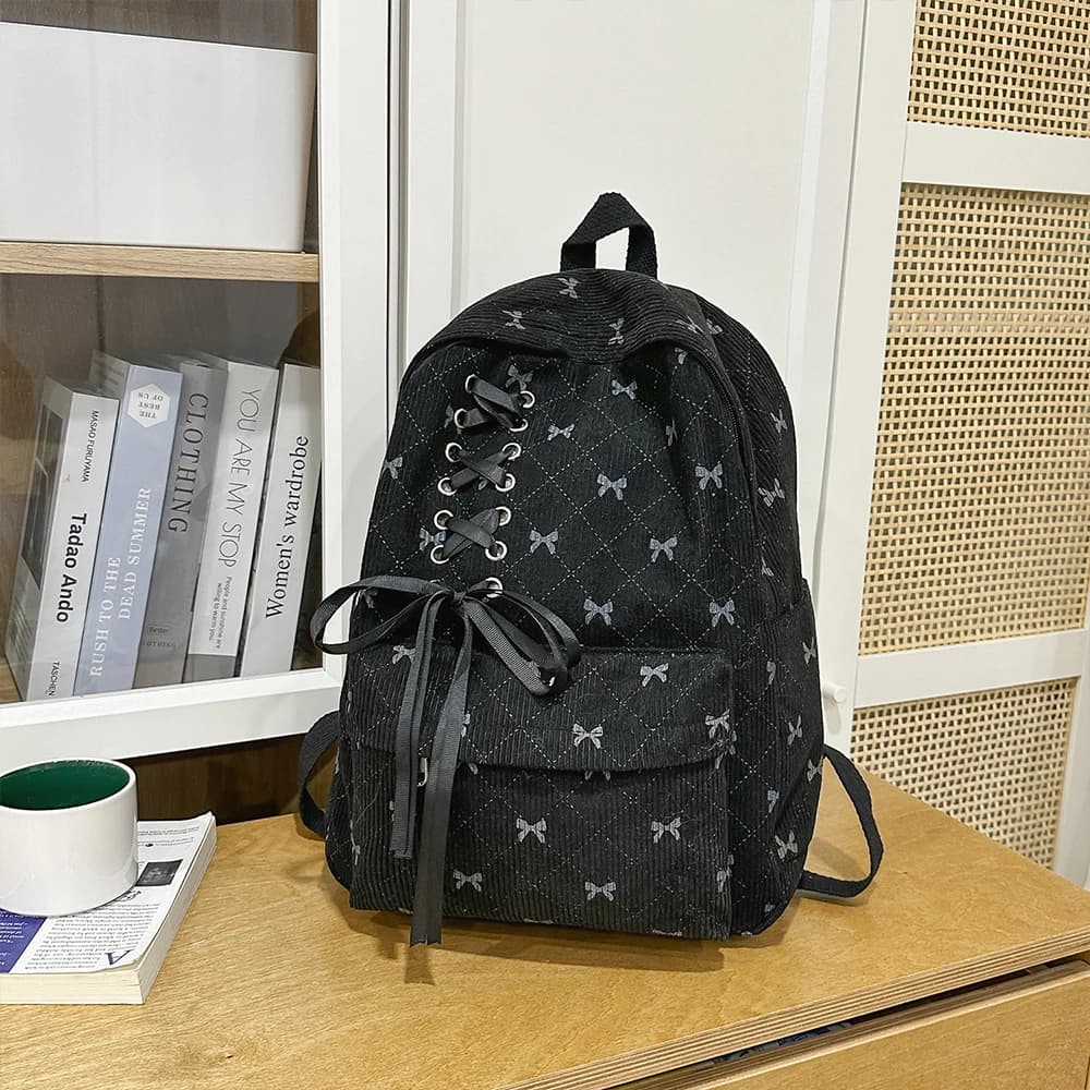 Sac à dos de loisirs en velours côtelé avec nœud, grande capacité, style universitaire, pour le prin