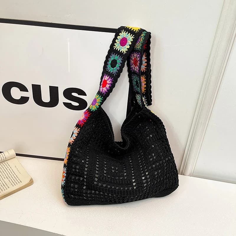 Sac fourre-tout d'été, crochet vintage multicolore, floral bohème avec grande capacité de transport