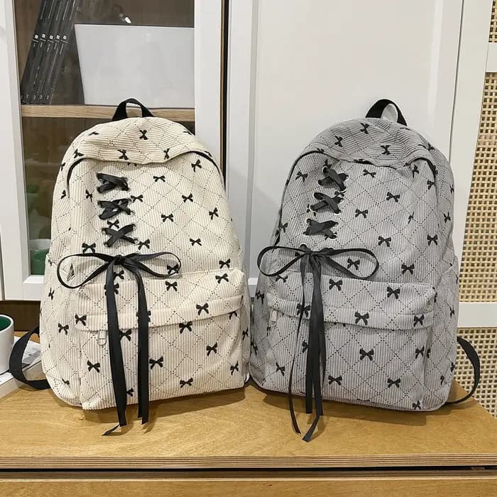 Sac à dos de loisirs en velours côtelé avec nœud, grande capacité, style universitaire, pour le printemps et l'été, idéal pour les trajets quotidiens