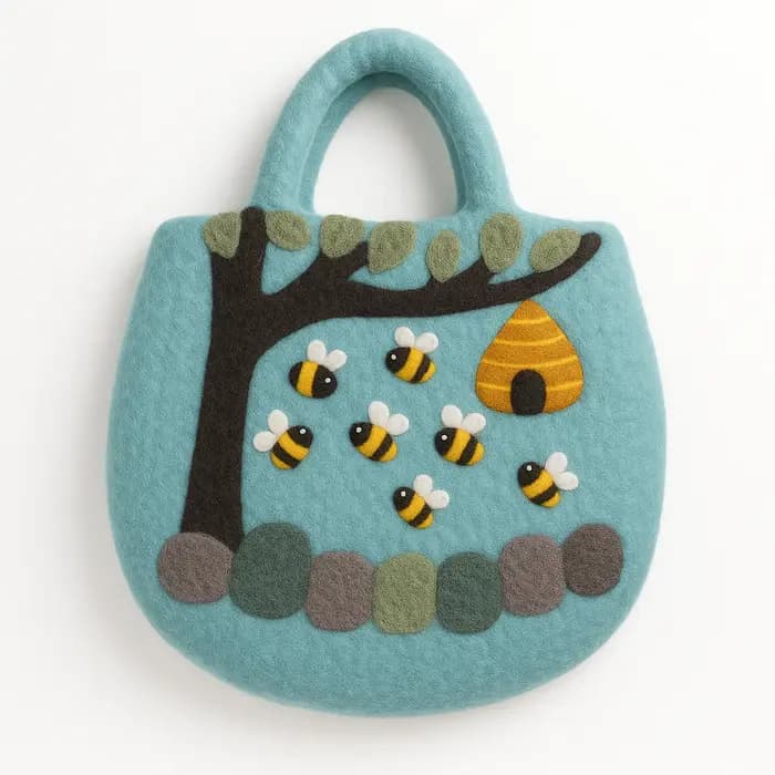 Tree and Beehive Felted Bag - 35x27cm
