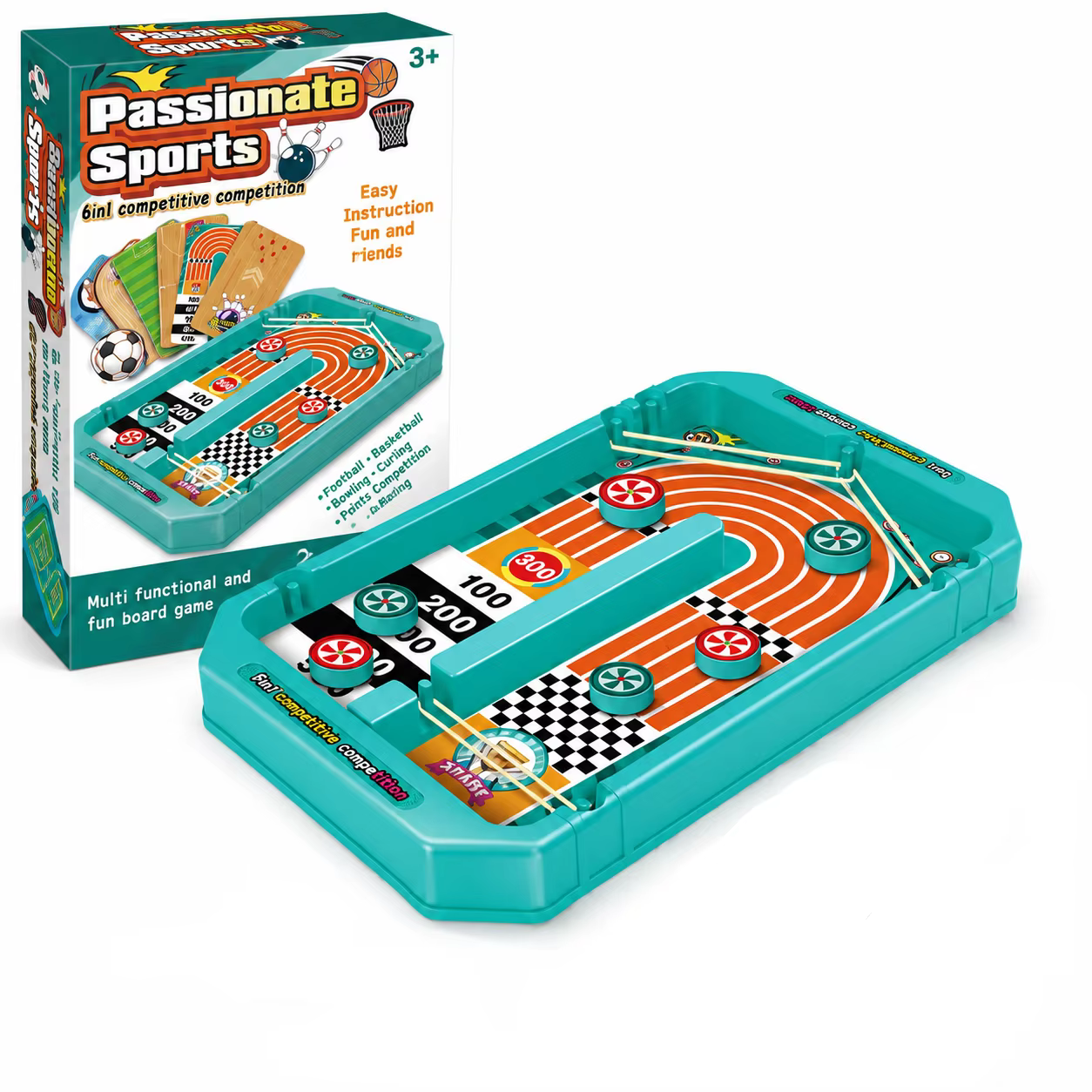 Jeu de société de sport 6 en 1 de table : Slingshot, Curling, Bowling, Football, Basketball – Jouet 