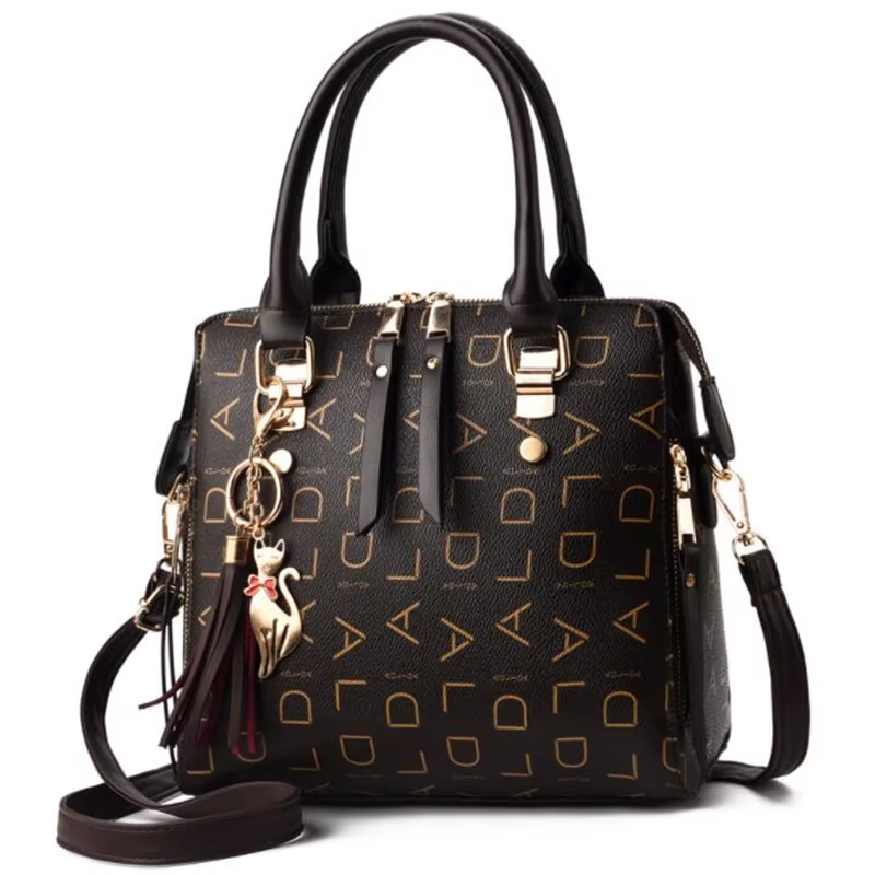 Sac à main en cuir PU avec lettres anglaises pour femmes, sac à poignée supérieure avec pompon, sac 