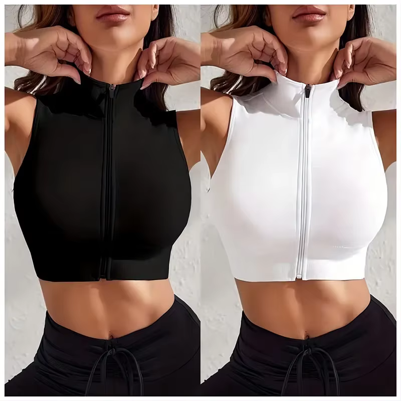 Femmes 2 pièces Ensemble près du corps respirant Sexy Yoga Zipper Exercice Fitness Gilet Top