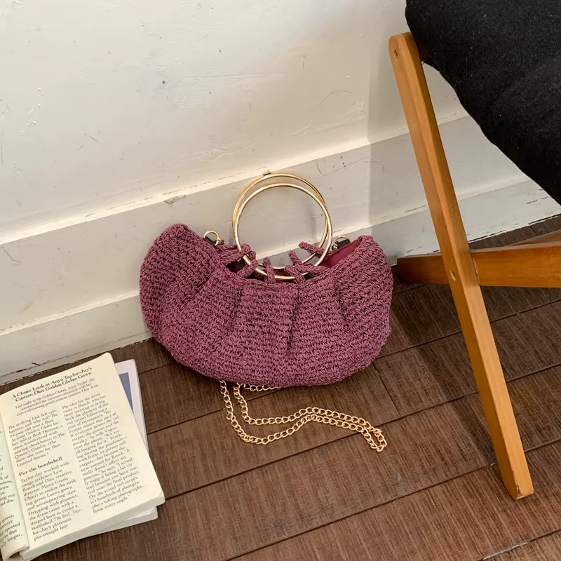 Sac fourre-tout en crochet fait main, sac à bandoulière bohème, sac à main vintage d'été en rotin tr