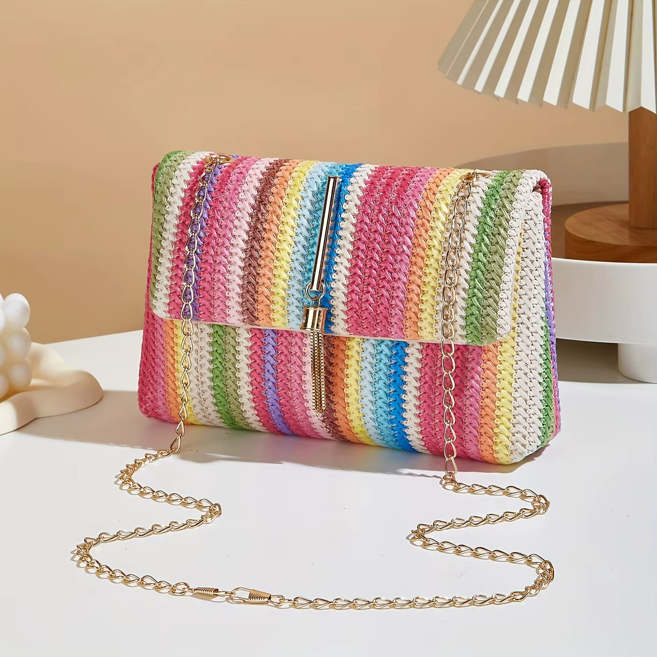Sac à bandoulière Chic en paille à rayures arc-en-ciel pour femmes, bandoulière réglable, fermeture 