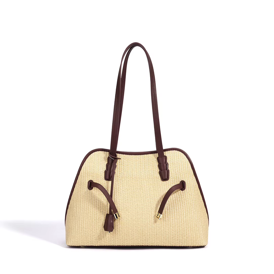Sac Femme Paille Tissé Boston Coquille Totem Raphia Cuir Véritable Anse Vache Finitions Cuir Été Pla