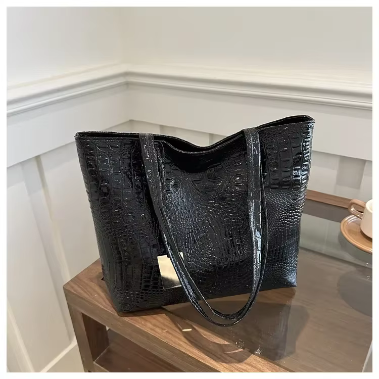 Sac à main en cuir PU pour femme, sac à main en crocodile, grand fourre-tout pour femme, argent, or,