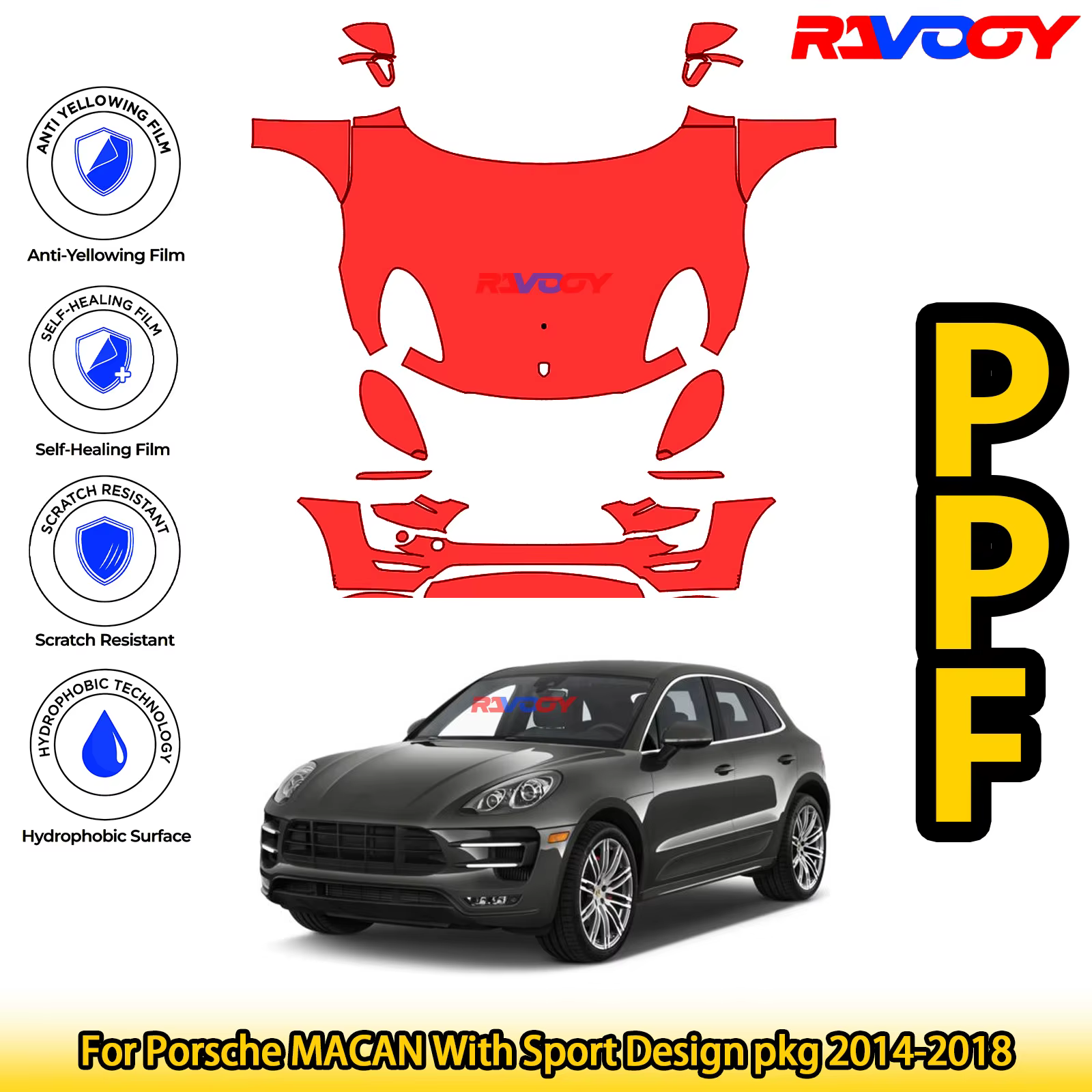 Pour Porsche MACAN avec Sport Design pkg 2014-2018 brillant mat noir prédécoupé avant PPF Kit Film d