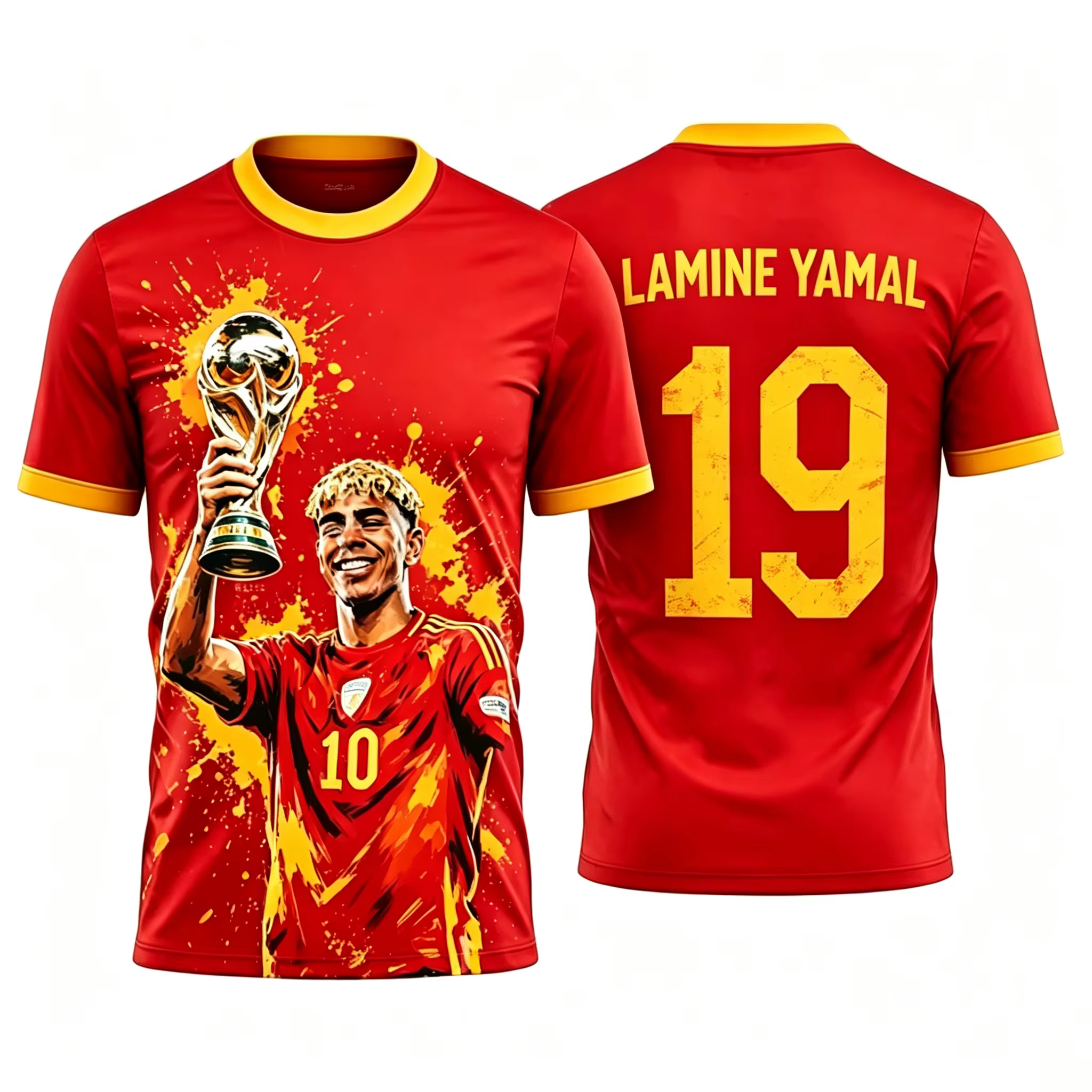 Maillot de sport rouge inspiré de l'Espagne, imprimé motif Splash Figure, n°19, bordure dorée, sécha