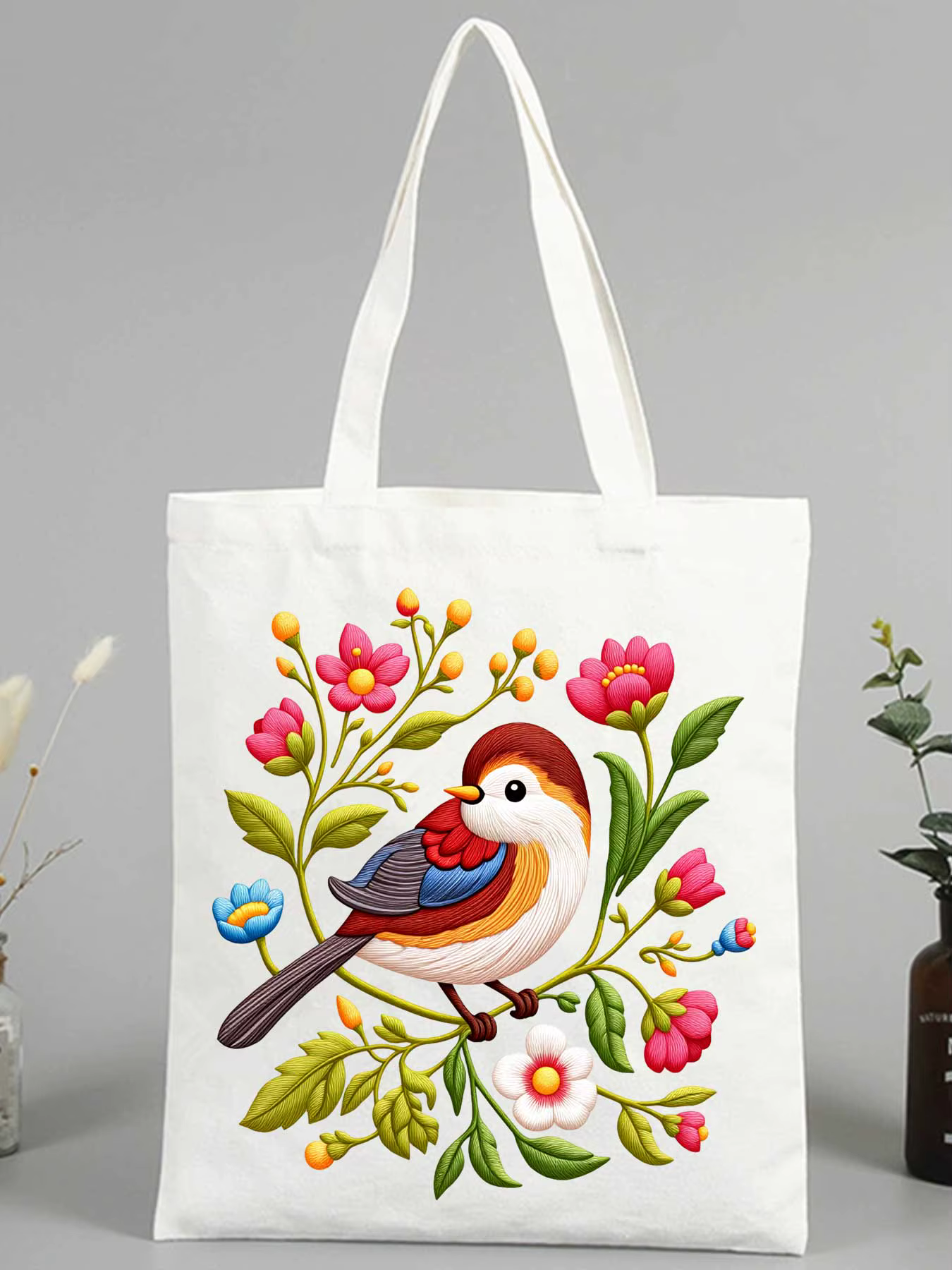 Sac fourre-tout en toile pour femme avec imprimé d'oiseaux et de fleurs colorés, idéal pour un usage