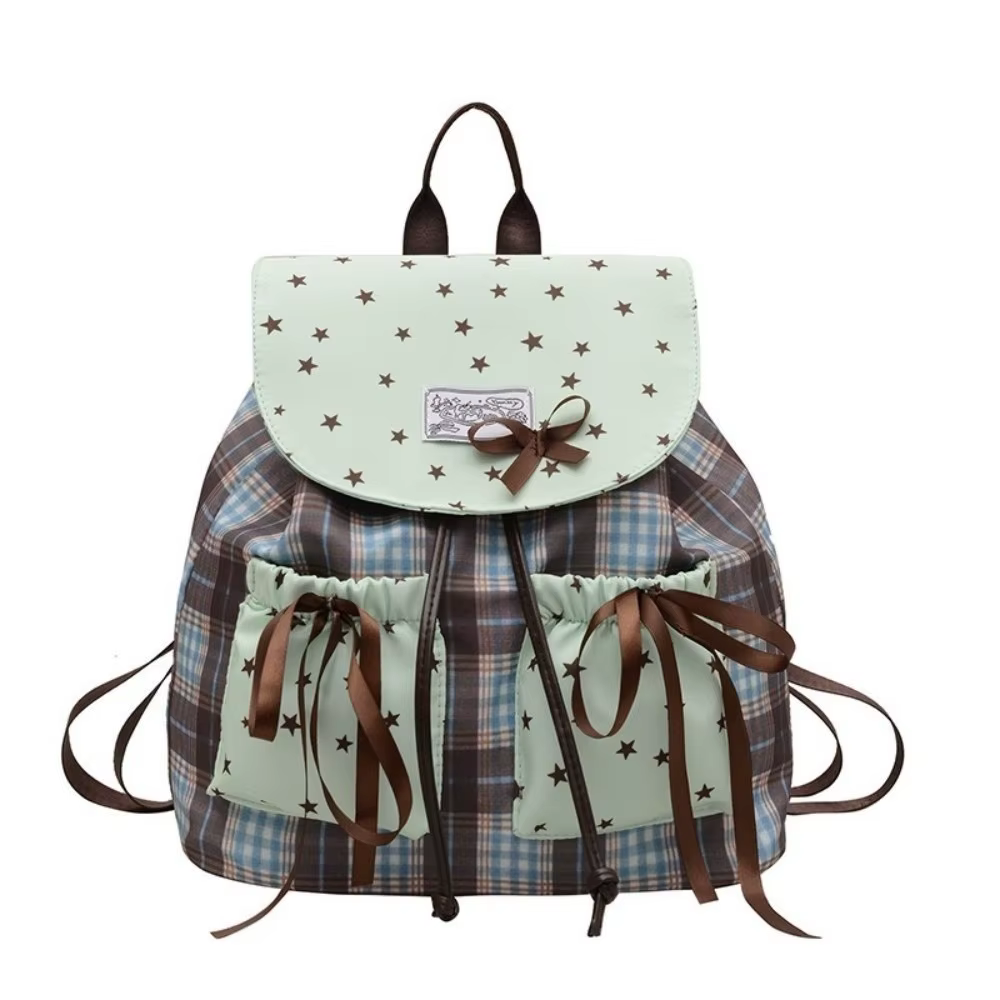 Sac à dos double épaule Sweet Bow, motif à carreaux, imprimé étoiles, sacs d'école pour étudiants, v