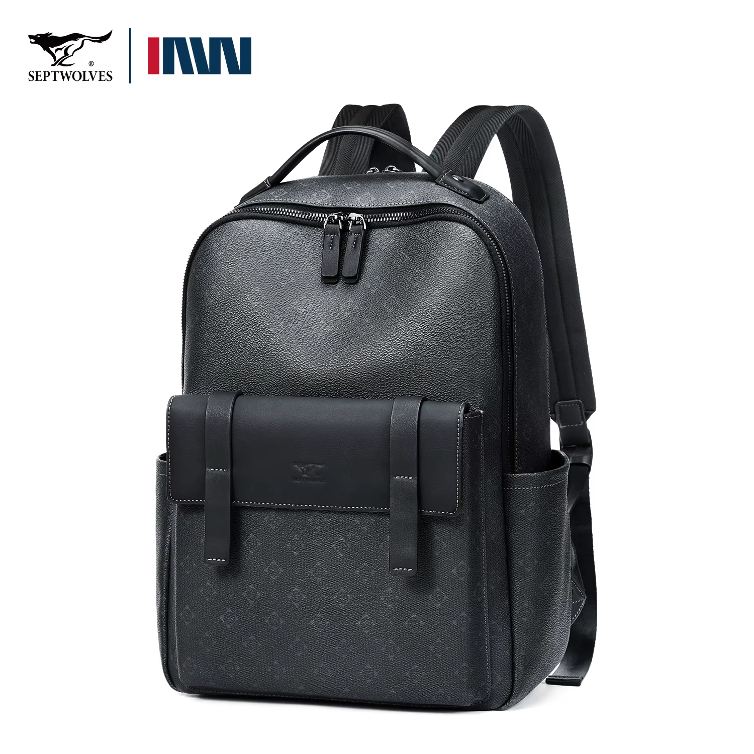 Septwolves sac à dos en cuir de luxe pour hommes monogramme imprimé élégant sac à dos pour ordinateu