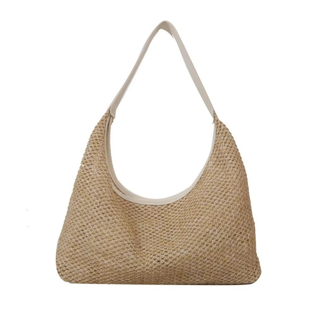 Sac en paille tressé uni décontracté, style bohème fait main, sac de plage grande capacité, sac four
