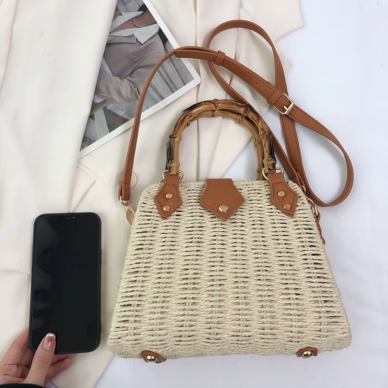 Sac à main d'été Boho, sac de plage en paille kaki, sac fourre-tout pour femme avec poignée en bambo