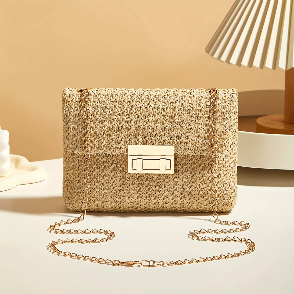 Sac à bandoulière chic en paille tressée pour femme, sac à main en paille tissée avec chaîne, sac ba