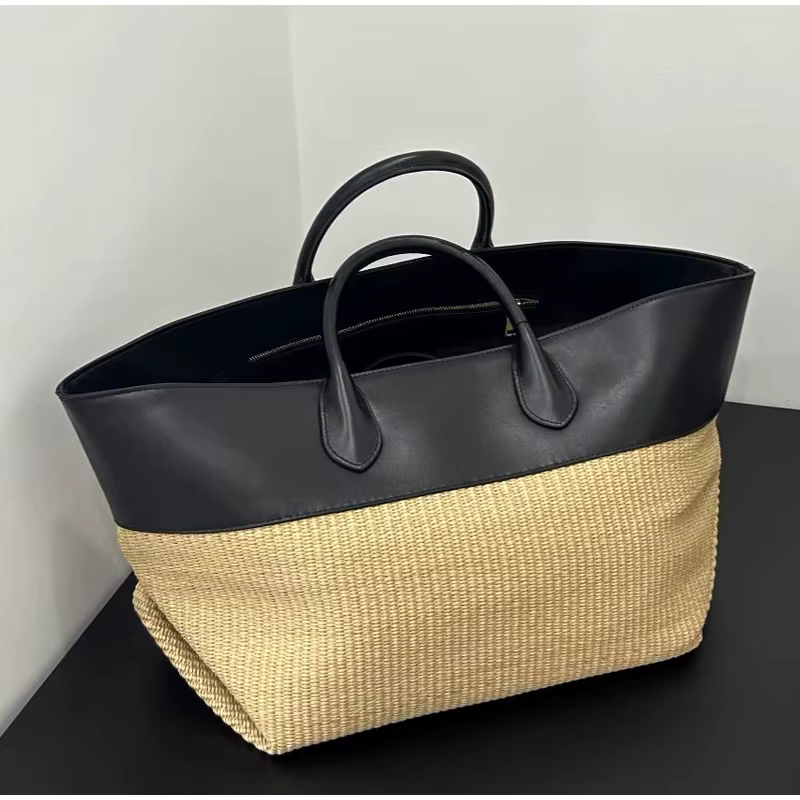 Sac de paille de luxe en cuir véritable, sac à main de grande capacité avec coutures de couleur cont