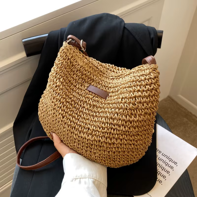 Sacs à main et sacs à main tricotés en paille pour femmes, sac à bandoulière tissé en paille, sac la