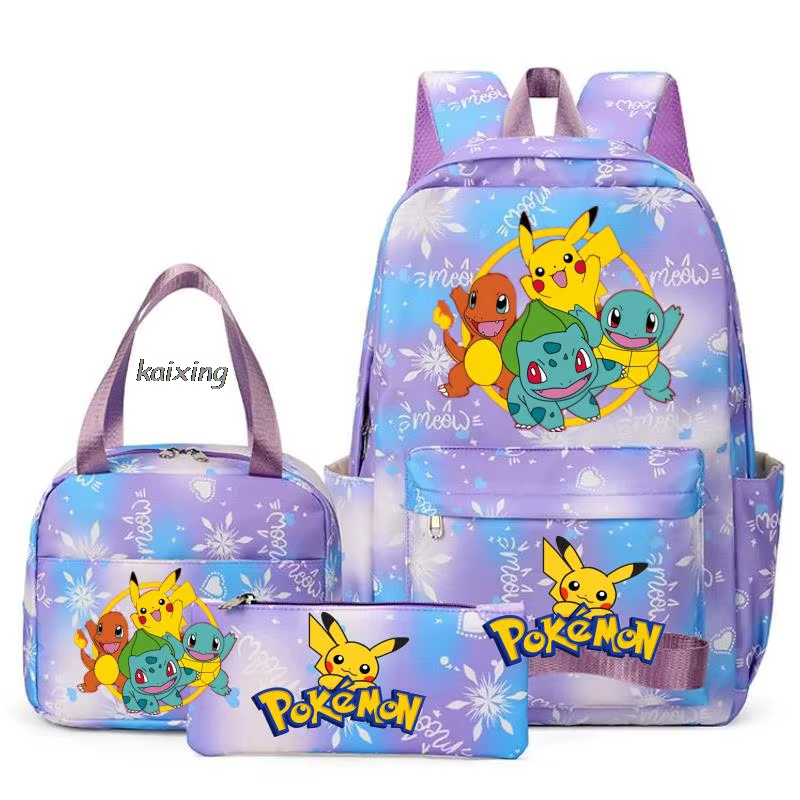 Sac à dos Pokemon Pikachu, sac à déjeuner, ensemble de 3 pièces, sac d'école, trousse à crayons, cad