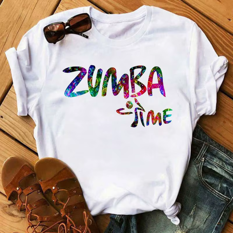 T-shirt pour femme à imprimé cœur Zumba, motif de danse coloré, col rond, manches courtes, haut déco