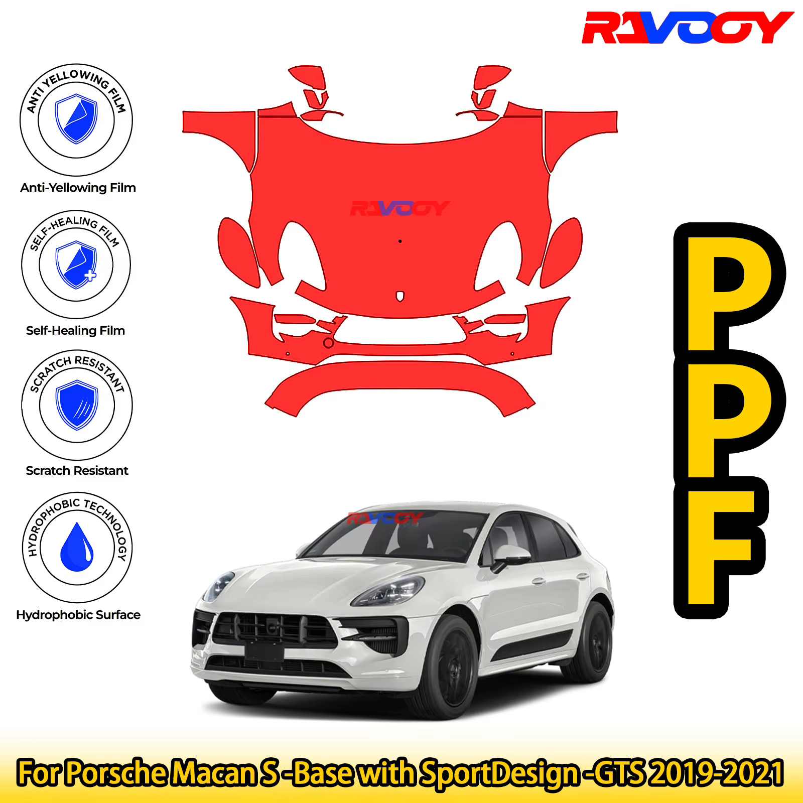 Film de Protection de peinture pour Porsche Macan S-Base avec SportDesign-GTS 2019 – 2021, noir mat 