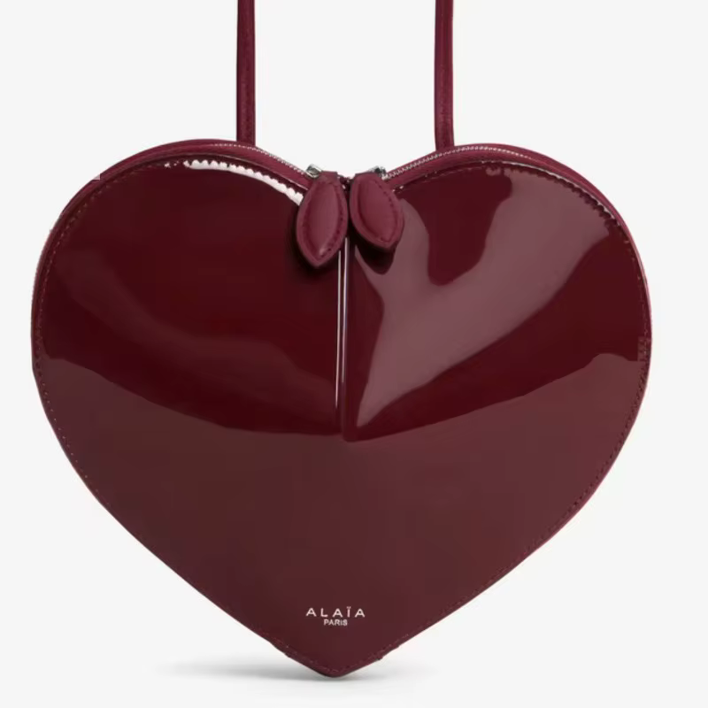 Sac bandoulière en cuir verni rouge bordeaux en forme de cœur pour femme, avec fermeture éclair, poc