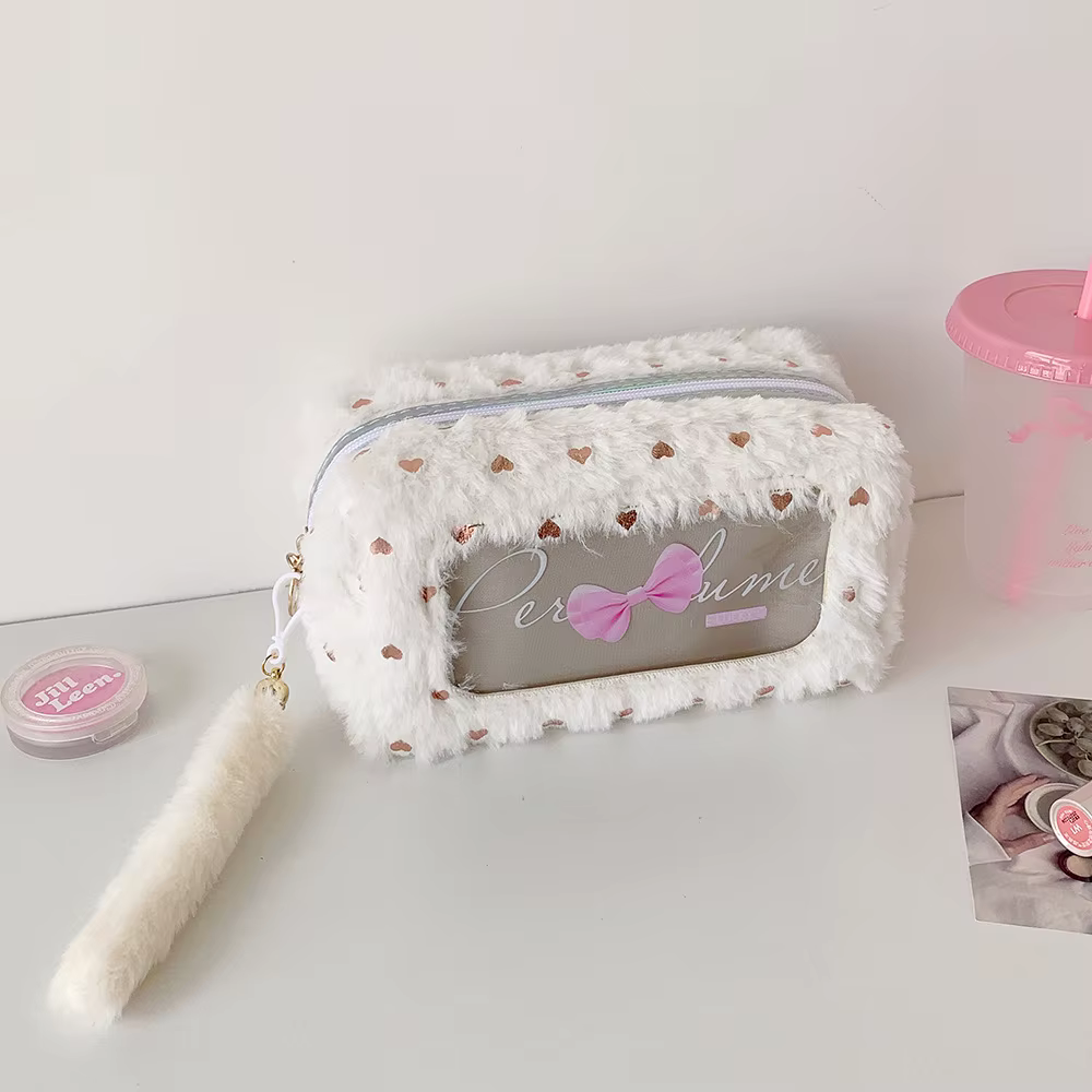 Sac de maquillage en peluche couleur bonbon, sac à cosmétiques Transparent, trousse à crayons avec n