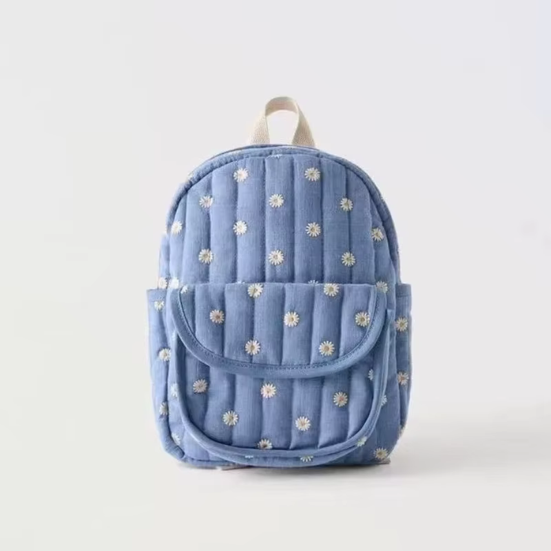 Sac à dos d'étudiant bleu marguerite de dessin animé, sac d'école brodé mignon, sac à dos décontract