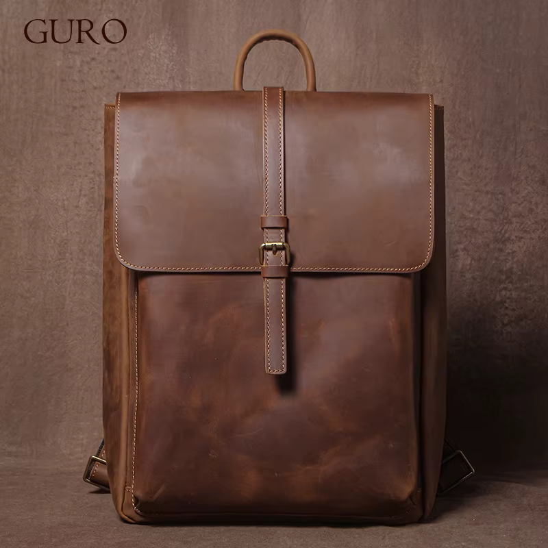 GURO – sac à dos rétro en cuir véritable pour hommes et femmes, sac de voyage à rabat Simple, en cui