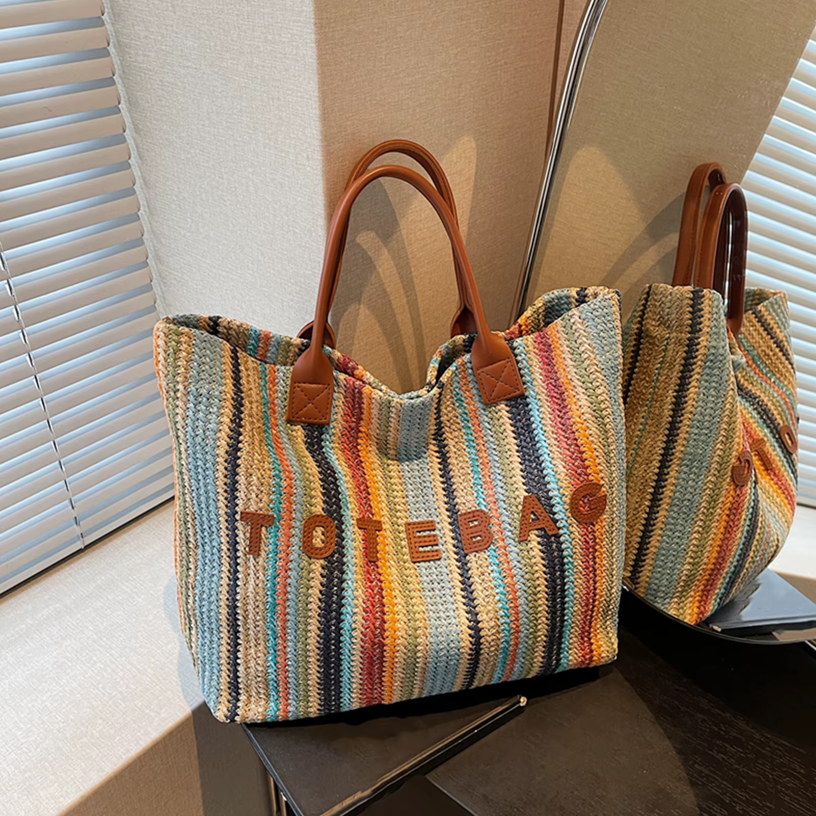 Sac fourre-tout pour femme avec poignée supérieure, sac à main à rayures colorées, sac à bandoulière