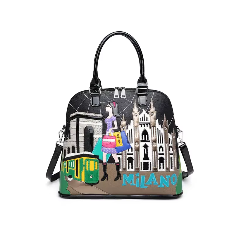 Sac à dos en cuir avec broderie patchwork pour femme, cartable preppy, sac d'étudiant, sac de voyage