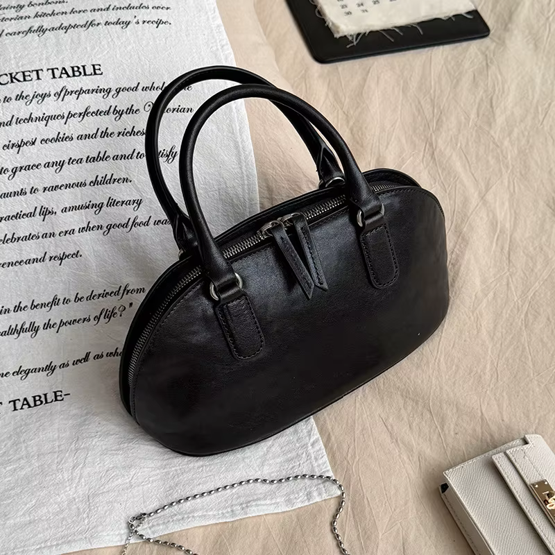 Sac de bowling pour femme en cuir véritable, vintage, bandoulière, poignée supérieure, forme coquill