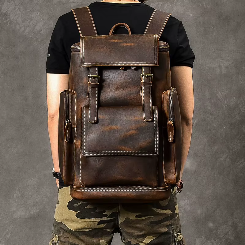Vintage Crazy Horse en cuir véritable sac à dos hommes en cuir sac à dos escalade sac à dos mâle gra