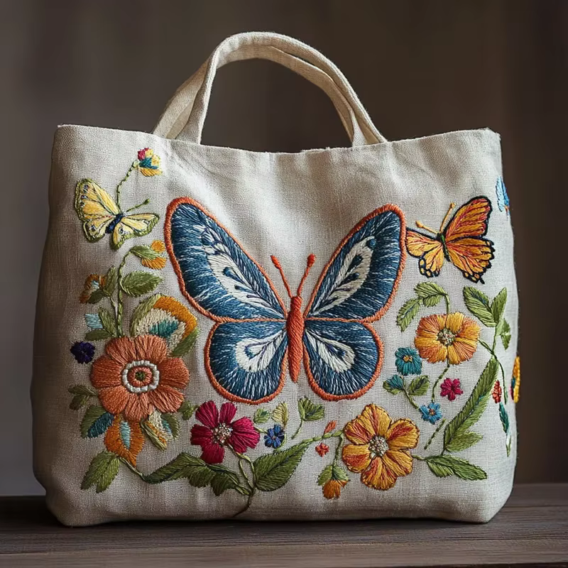 Kit de broderie de sac fourre-tout en lin avec fleurs pré-imprimées papillon bricolage point de croi