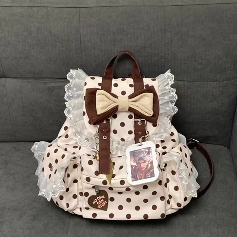 Sac à dos Preppy à pois avec nœud décoratif en dentelle, plusieurs poches, grande capacité, sac simp