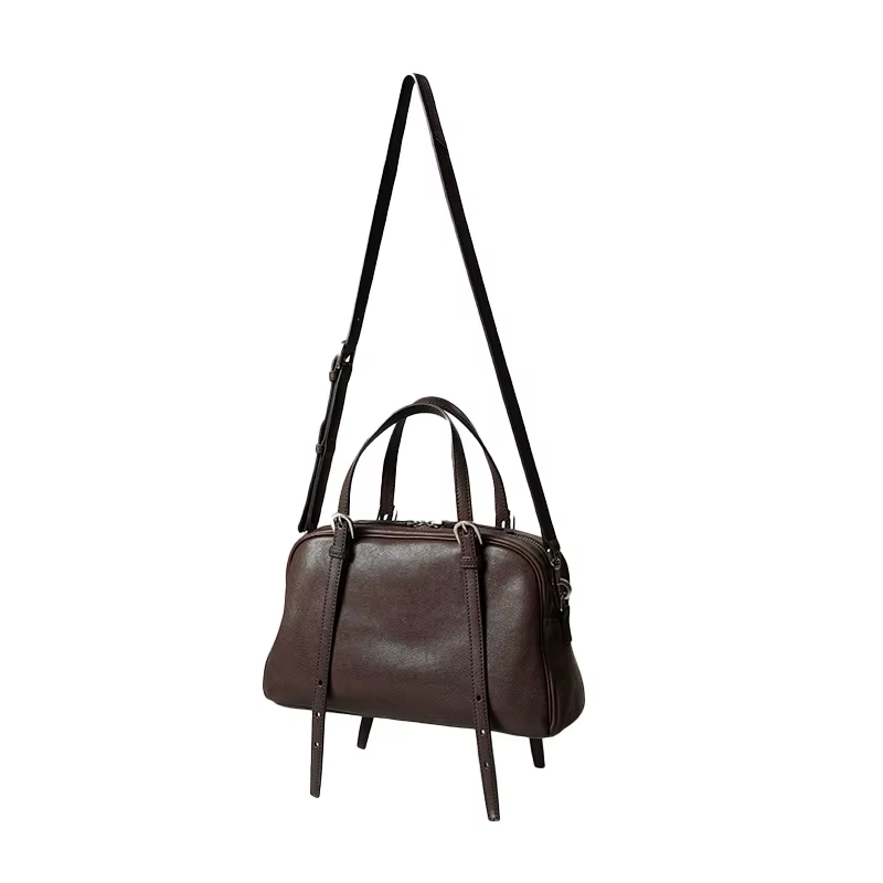 Sac bowling vintage en cuir véritable pour femme, grande capacité, avec poignée supérieure et bandou