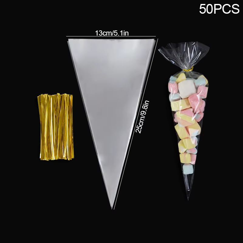 Sacs à bonbons en plastique Transparent, 50 pièces, sac triangulaire pour collation, sac d'emballage