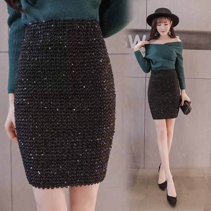 Jupes mi-longues à sequins pour femmes, jupe ronde, taille haute, vêtements élastiques, mode coréenn