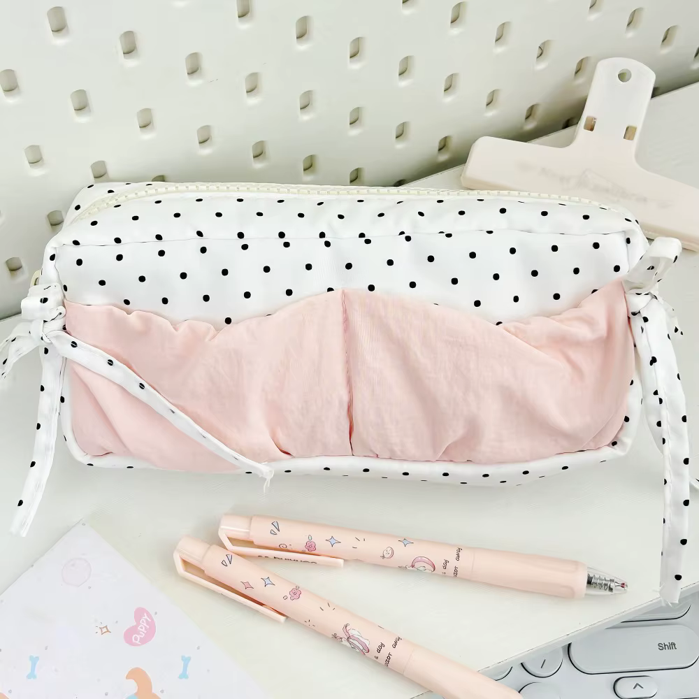 Sac à stylos à motif de pois Simple, grande capacité, trousse à crayons avec nœud papillon, sac de p