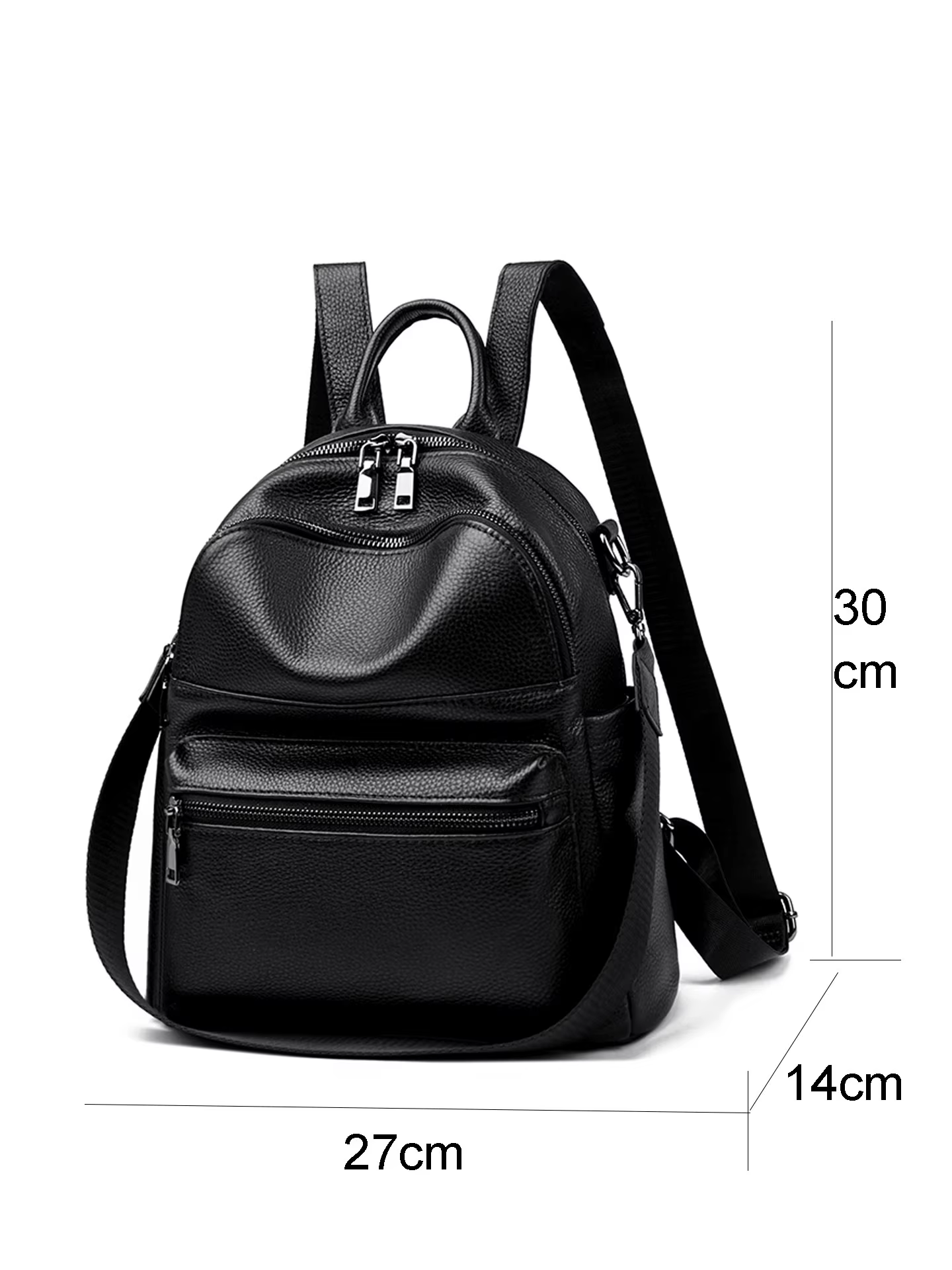 Sac à dos en cuir véritable pour femmes, noir, classique, polyvalent, double fermeture éclair, grand