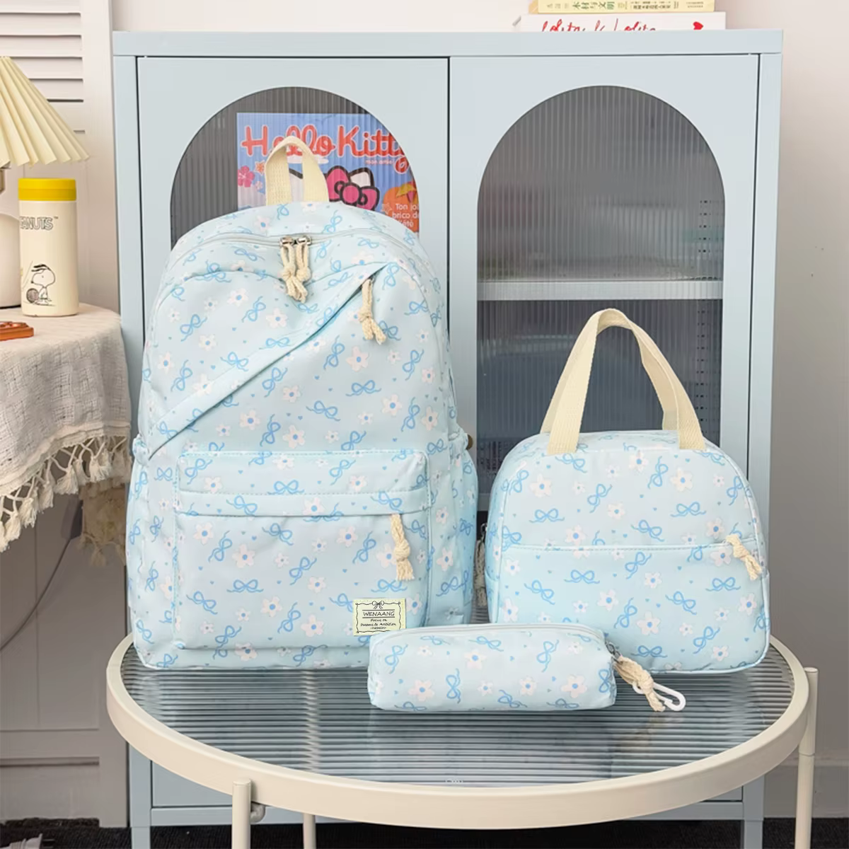 Ensemble de sacs à dos trois pièces en nylon léger à imprimé floral avec nœud, grande capacité, pour