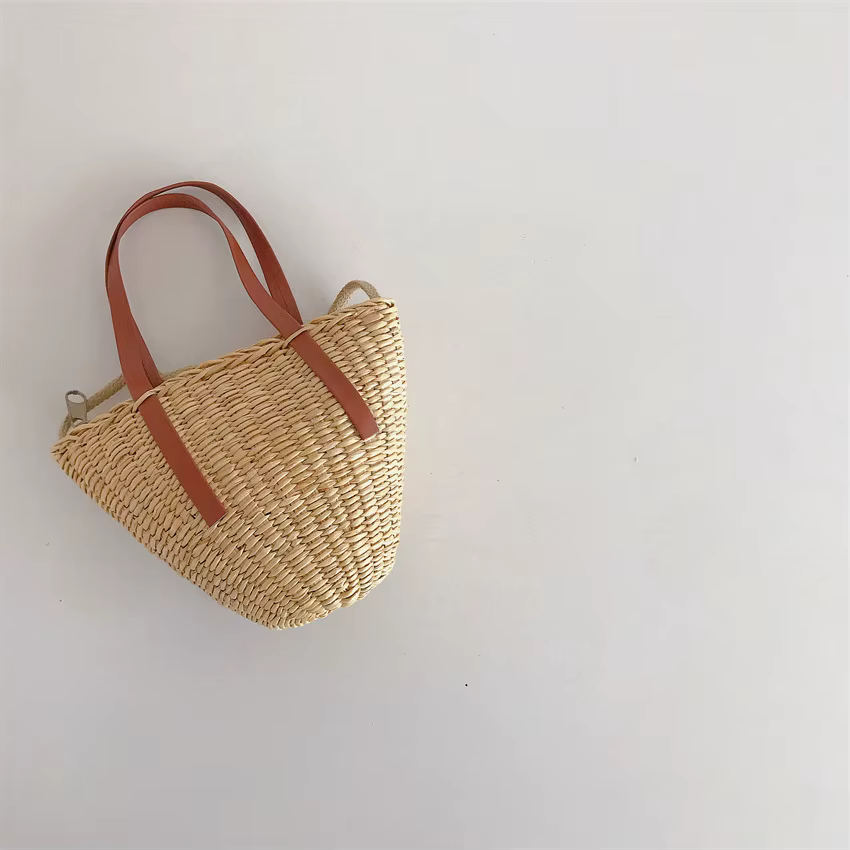 Sac à main en paille de blé pour enfants, Style Chic, sac à main en cuir, corde, dessus plat, protec
