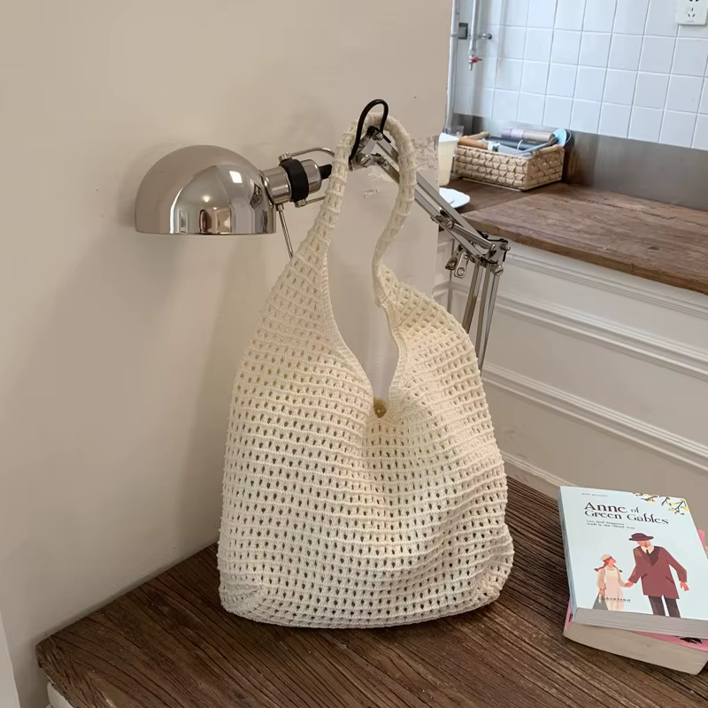 Sac fourre-tout en crochet pour femme, grande capacité, tricoté, tissé, couleur unie, simple, pour l