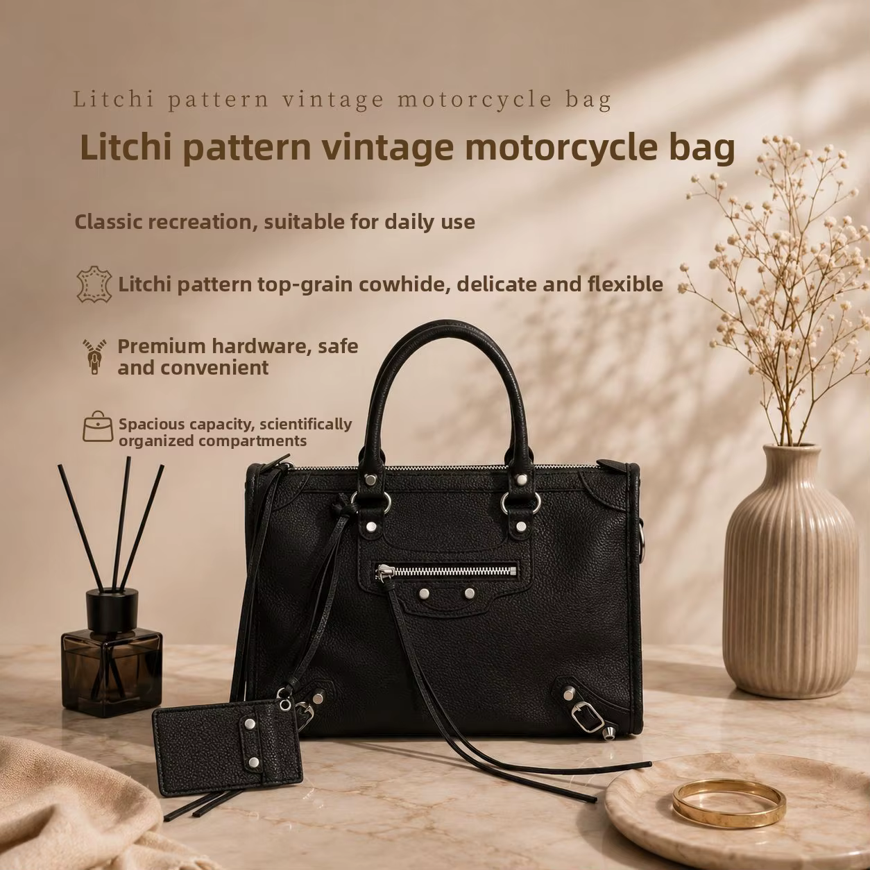 Le City 2026 Nouveau Sac de Voyage d'Affaires Vintage Motif Moto Sac à Main en Cuir de Vachette Pleine Fleur Grain Litchi avec Rivets Métalliques